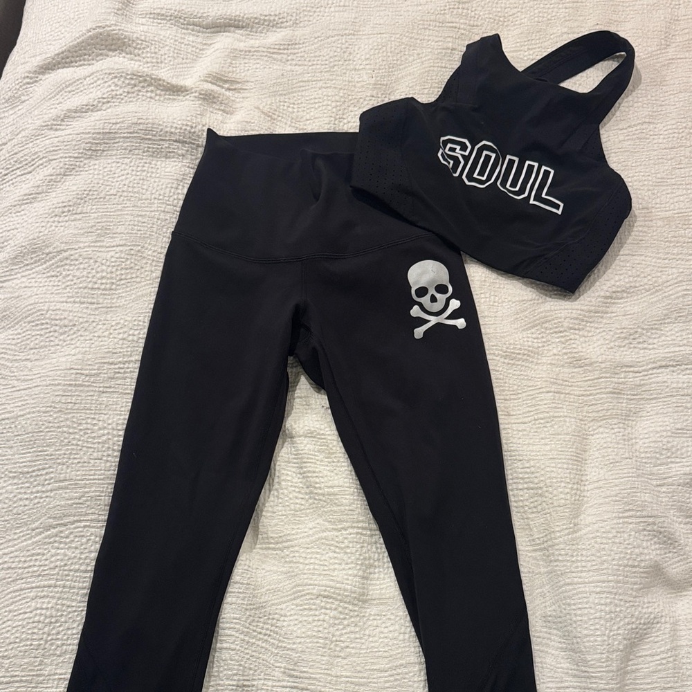 Soulcycle + lululemon Black Leggings and Sports Bra Set with Skull Design